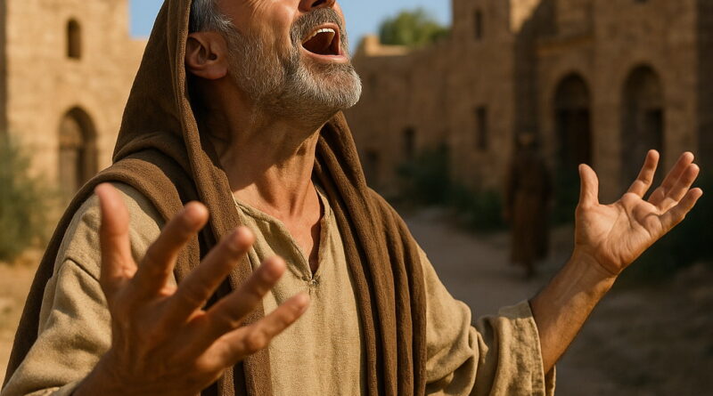 A man in ancient clothing lifts his voice and hands in joyful praise in a sunlit biblical village.