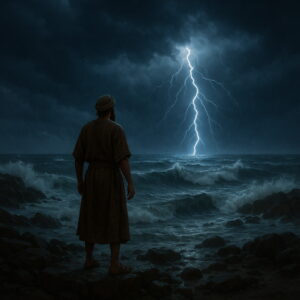 A man stands on rocks by the sea as lightning strikes over stormy waters, symbolizing the voice of the Lord.