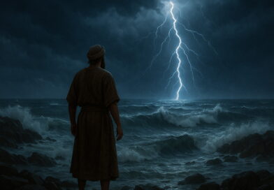 A man stands on rocks by the sea as lightning strikes over stormy waters, symbolizing the voice of the Lord.