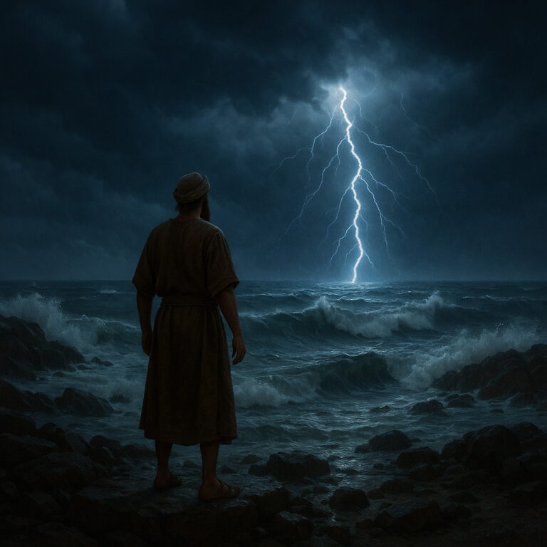 A man stands on rocks by the sea as lightning strikes over stormy waters, symbolizing the voice of the Lord.