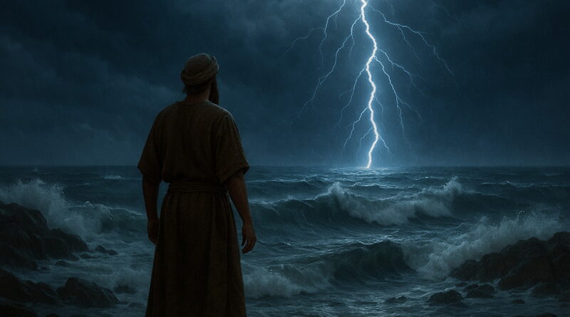 A man stands on rocks by the sea as lightning strikes over stormy waters, symbolizing the voice of the Lord.