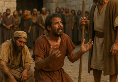 A man kneels in distress before a group of elders in an ancient courtyard, facing judgment.