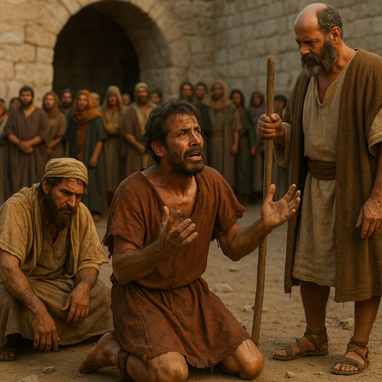 A man kneels in distress before a group of elders in an ancient courtyard, facing judgment.