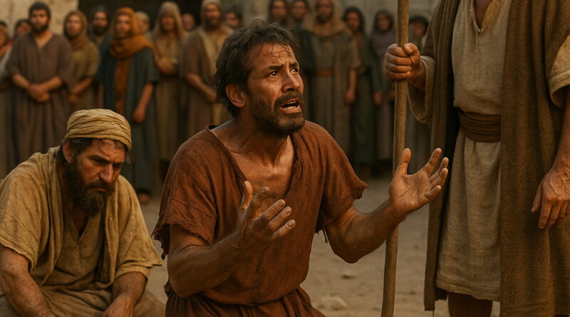 A man kneels in distress before a group of elders in an ancient courtyard, facing judgment.