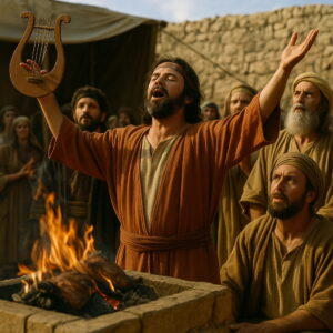 A man in ancient clothing lifts his hands in worship beside a burning altar, surrounded by others in reverent attention.