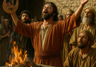 A man in ancient clothing lifts his hands in worship beside a burning altar, surrounded by others in reverent attention.