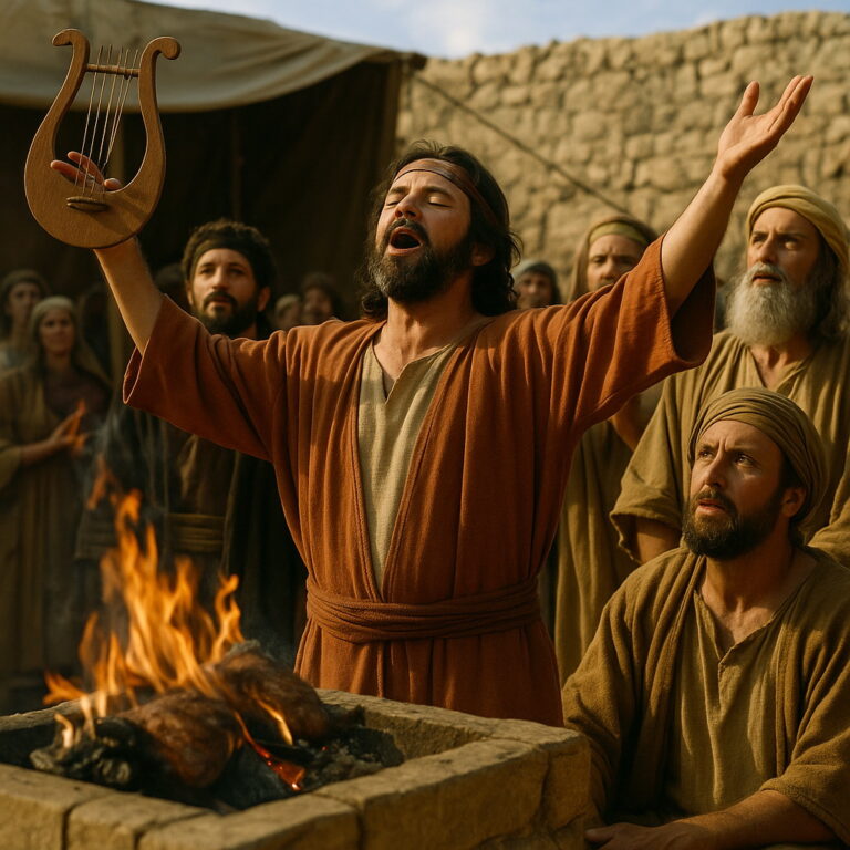 A man in ancient clothing lifts his hands in worship beside a burning altar, surrounded by others in reverent attention.