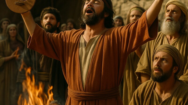 A man in ancient clothing lifts his hands in worship beside a burning altar, surrounded by others in reverent attention.