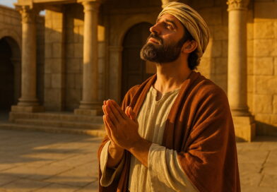 A man in biblical clothing prays reverently outside a golden-lit ancient temple.