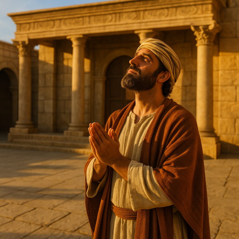 A man in biblical clothing prays reverently outside a golden-lit ancient temple.