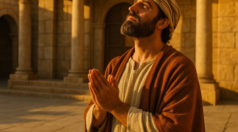 A man in biblical clothing prays reverently outside a golden-lit ancient temple.