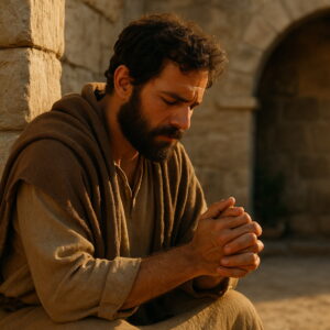 A man in biblical attire prays earnestly against an ancient stone wall at sunset.