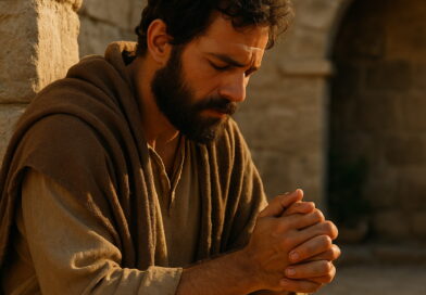 A man in biblical attire prays earnestly against an ancient stone wall at sunset.