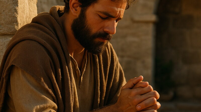 A man in biblical attire prays earnestly against an ancient stone wall at sunset.