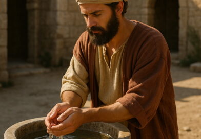 A bearded man in biblical clothing washes his hands in a stone basin under warm sunlight in an ancient courtyard.