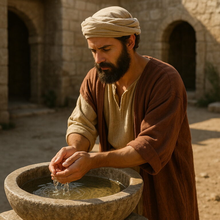 A bearded man in biblical clothing washes his hands in a stone basin under warm sunlight in an ancient courtyard.