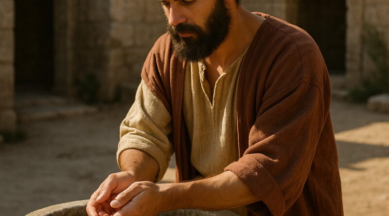 A bearded man in biblical clothing washes his hands in a stone basin under warm sunlight in an ancient courtyard.