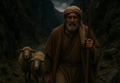 An aged shepherd walks through a dark valley with two sheep following close behind under a moody sky.