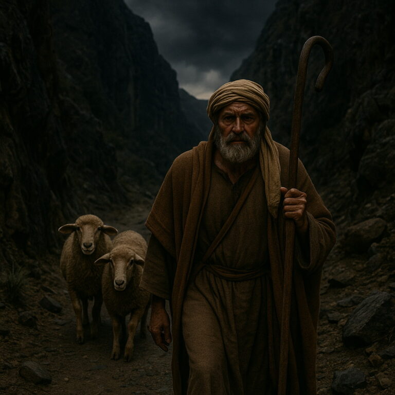 An aged shepherd walks through a dark valley with two sheep following close behind under a moody sky.