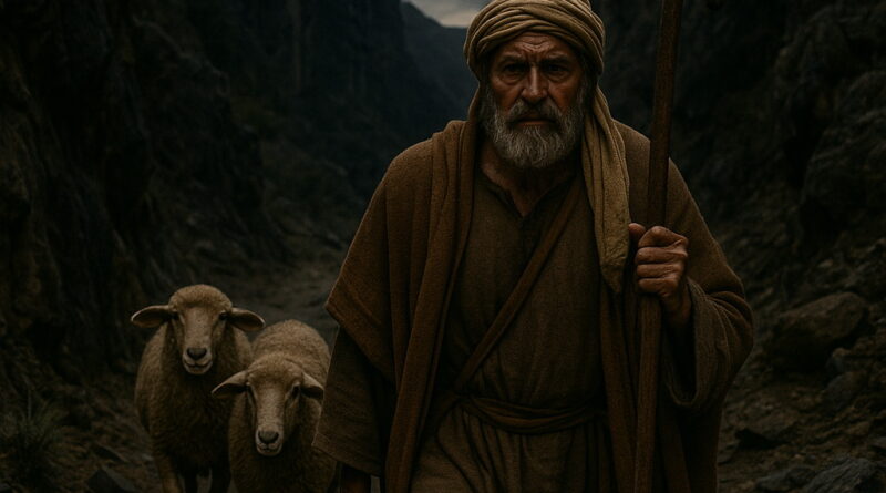 An aged shepherd walks through a dark valley with two sheep following close behind under a moody sky.