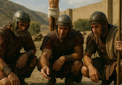 Roman soldiers cast lots for Jesus’ clothing at the foot of the cross.