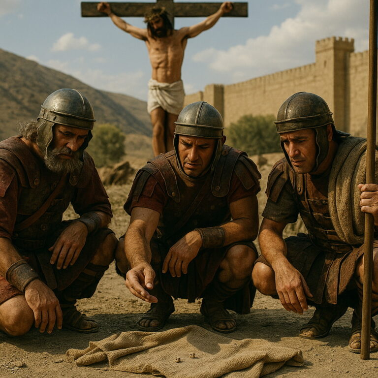 Roman soldiers cast lots for Jesus’ clothing at the foot of the cross.