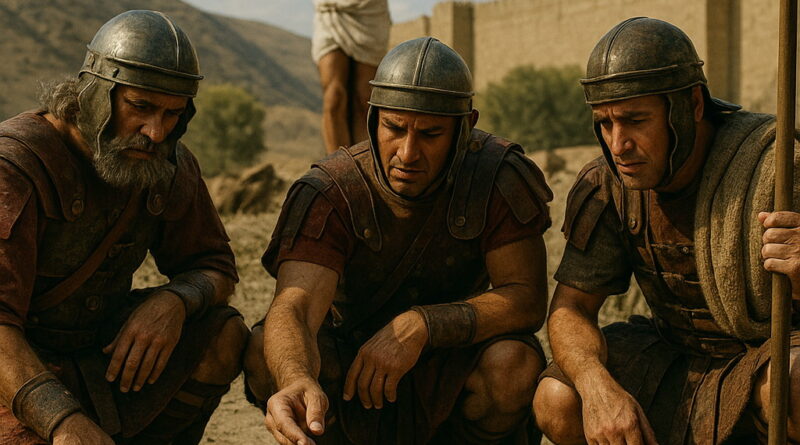 Roman soldiers cast lots for Jesus’ clothing at the foot of the cross.