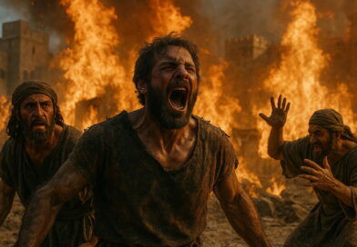 Men engulfed in flames as divine wrath consumes a city in biblical times.