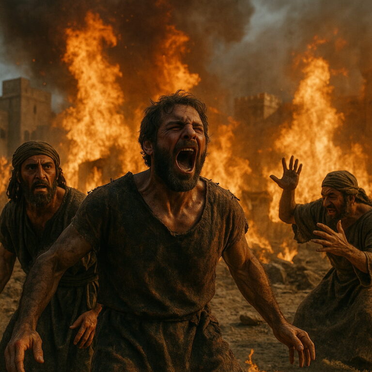 Men engulfed in flames as divine wrath consumes a city in biblical times.