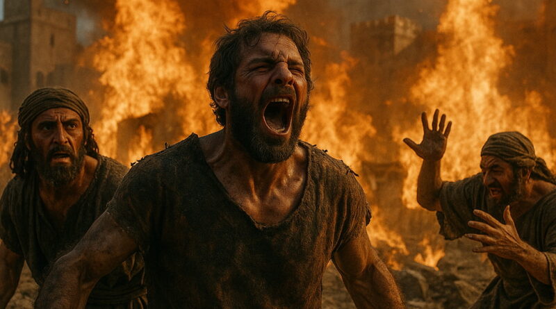 Men engulfed in flames as divine wrath consumes a city in biblical times.