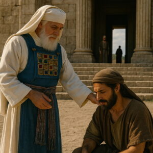 A priest in ancient Israel blesses a kneeling man outside a stone sanctuary, symbolizing divine help from the temple of God.