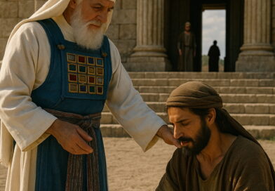 A priest in ancient Israel blesses a kneeling man outside a stone sanctuary, symbolizing divine help from the temple of God.