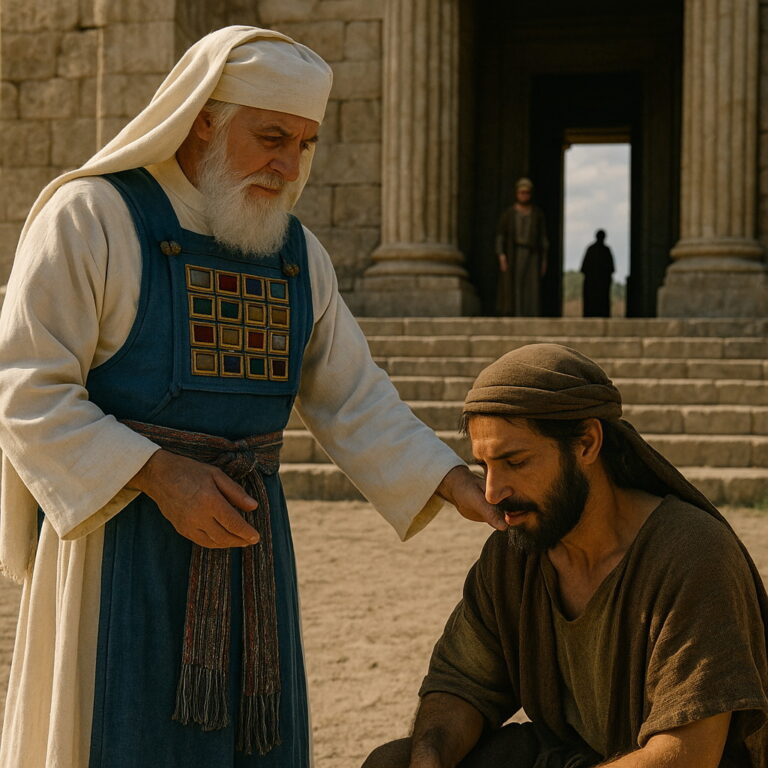 A priest in ancient Israel blesses a kneeling man outside a stone sanctuary, symbolizing divine help from the temple of God.