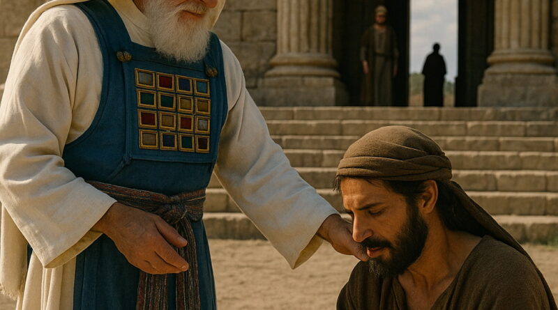 A priest in ancient Israel blesses a kneeling man outside a stone sanctuary, symbolizing divine help from the temple of God.