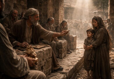 Ancient city gate court where judges reject a bribe and defend a widow and child, reflecting Psalm 82’s warning against unjust rulers and God’s judgment.