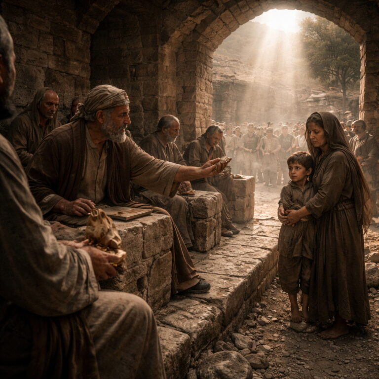 Ancient city gate court where judges reject a bribe and defend a widow and child, reflecting Psalm 82’s warning against unjust rulers and God’s judgment.