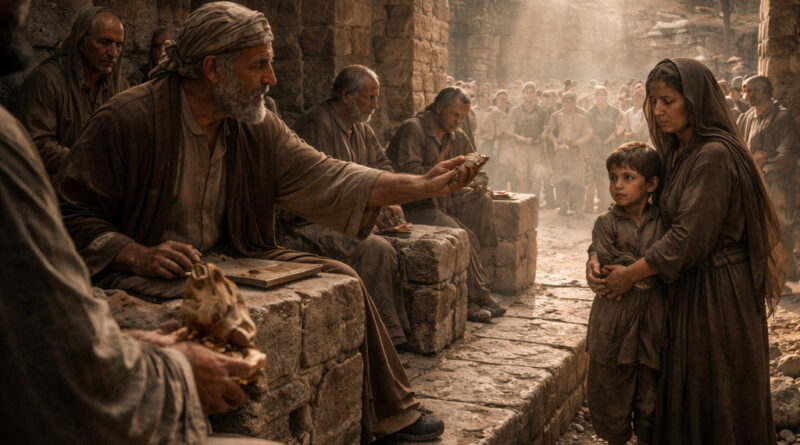 Ancient city gate court where judges reject a bribe and defend a widow and child, reflecting Psalm 82’s warning against unjust rulers and God’s judgment.