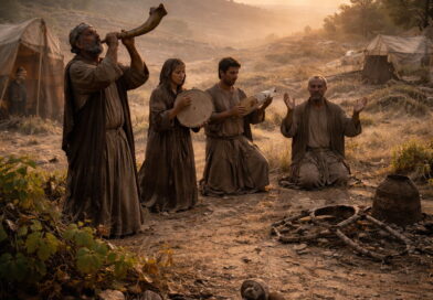 Israelites worship at sunrise with shofar and instruments during a sacred feast, rejecting a broken idol and reflecting Psalm 81’s call to listen and obey.