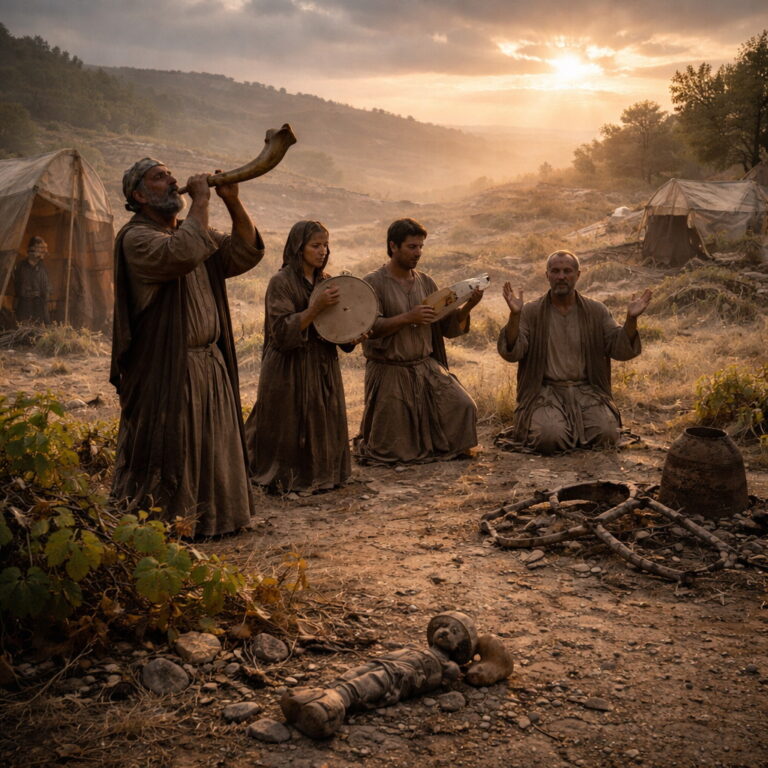 Israelites worship at sunrise with shofar and instruments during a sacred feast, rejecting a broken idol and reflecting Psalm 81’s call to listen and obey.
