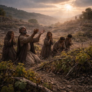 Israelite worshipers praying in a damaged vineyard at dawn, symbolizing Psalm 80’s plea for restoration and God’s renewed favor.