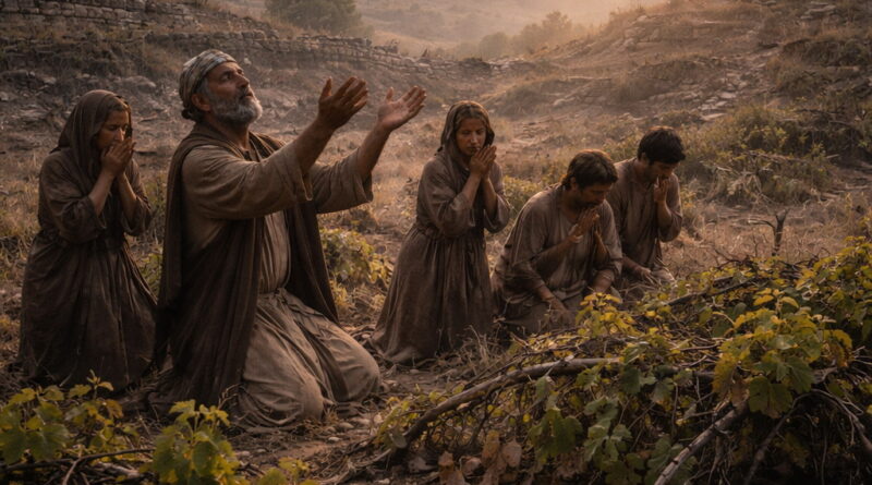 Israelite worshipers praying in a damaged vineyard at dawn, symbolizing Psalm 80’s plea for restoration and God’s renewed favor.