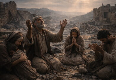 Worshipers kneel in prayer among Jerusalem’s rubble and ash after the sanctuary is ruined, reflecting Psalm 79’s plea for mercy and forgiveness for God’s name.