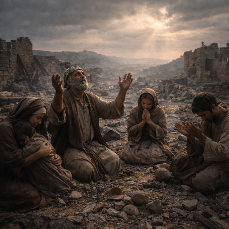 Worshipers kneel in prayer among Jerusalem’s rubble and ash after the sanctuary is ruined, reflecting Psalm 79’s plea for mercy and forgiveness for God’s name.
