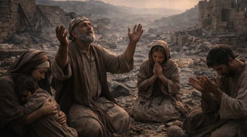 Worshipers kneel in prayer among Jerusalem’s rubble and ash after the sanctuary is ruined, reflecting Psalm 79’s plea for mercy and forgiveness for God’s name.
