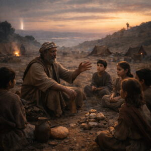 Elder teaching children in a wilderness camp at sunrise with remembrance stones and distant Exodus echoes, reflecting Psalm 78’s call to teach God’s works.