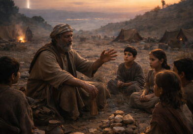 Elder teaching children in a wilderness camp at sunrise with remembrance stones and distant Exodus echoes, reflecting Psalm 78’s call to teach God’s works.