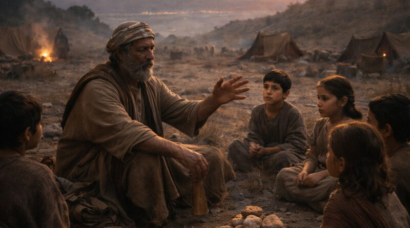 Elder teaching children in a wilderness camp at sunrise with remembrance stones and distant Exodus echoes, reflecting Psalm 78’s call to teach God’s works.