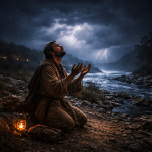 Photorealistic night prayer scene with a distressed worshiper and distant storm-lit sea, reflecting Psalm 77’s turn from sorrow to faith by remembering God’s deliverance.