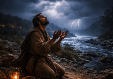 Photorealistic night prayer scene with a distressed worshiper and distant storm-lit sea, reflecting Psalm 77’s turn from sorrow to faith by remembering God’s deliverance.