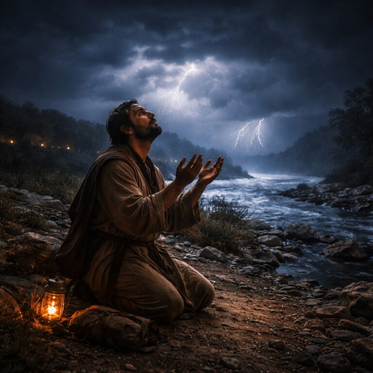 Photorealistic night prayer scene with a distressed worshiper and distant storm-lit sea, reflecting Psalm 77’s turn from sorrow to faith by remembering God’s deliverance.